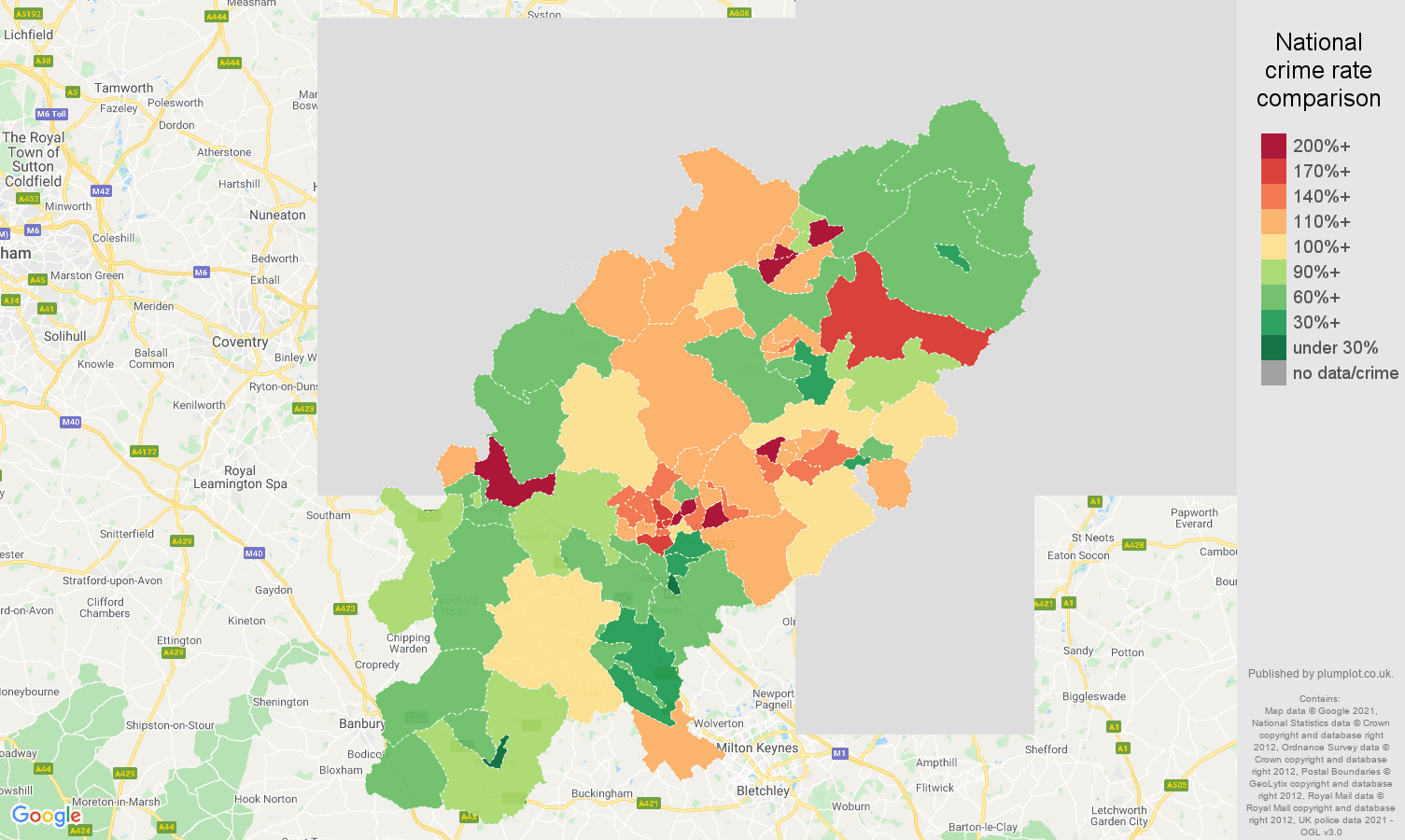 Northamptonshire burglary crime rate comparison map
