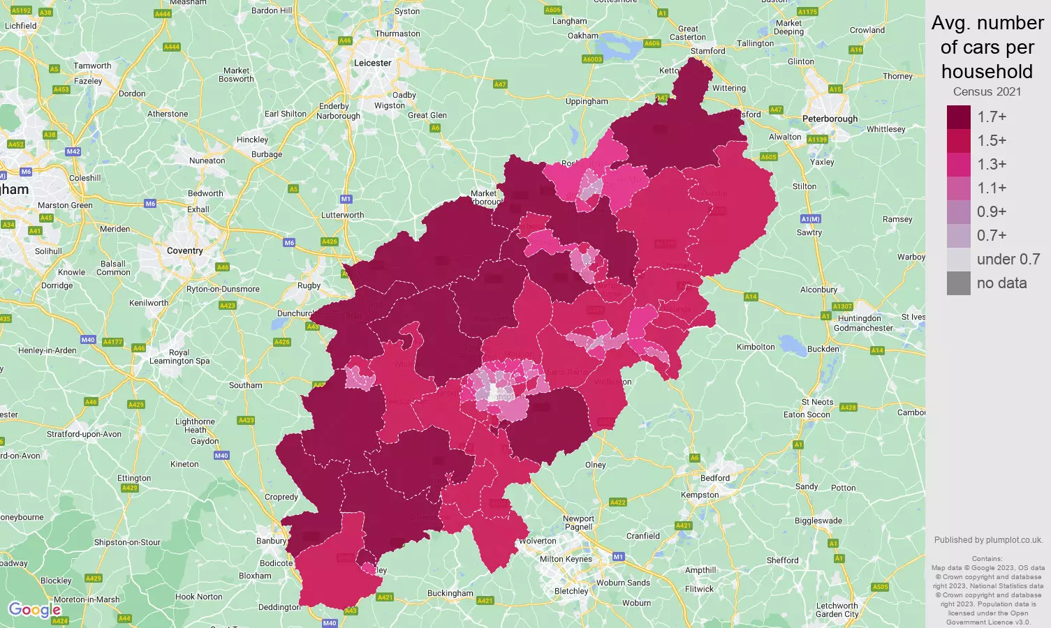 Northamptonshire cars per household map