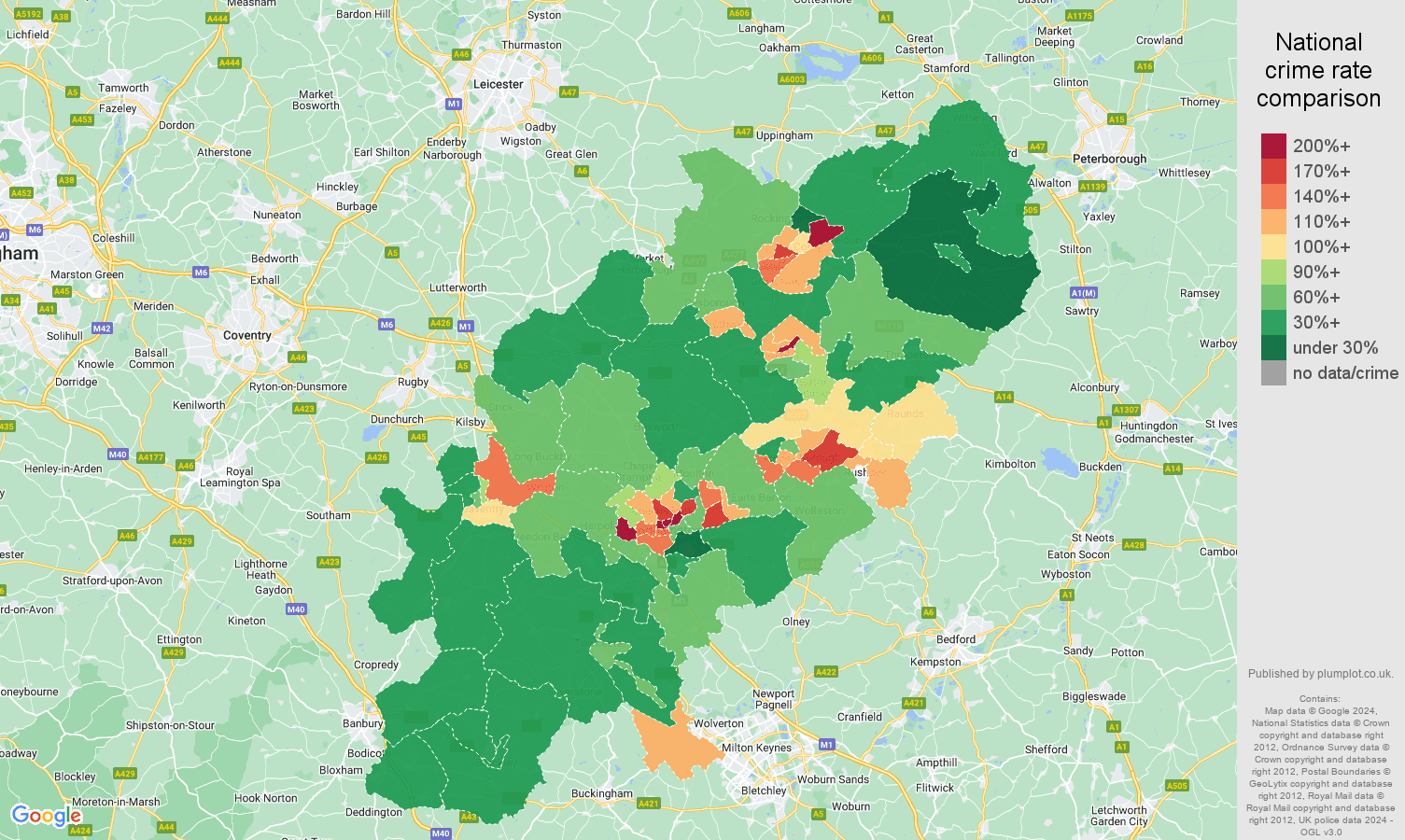 Northamptonshire crime rate comparison map