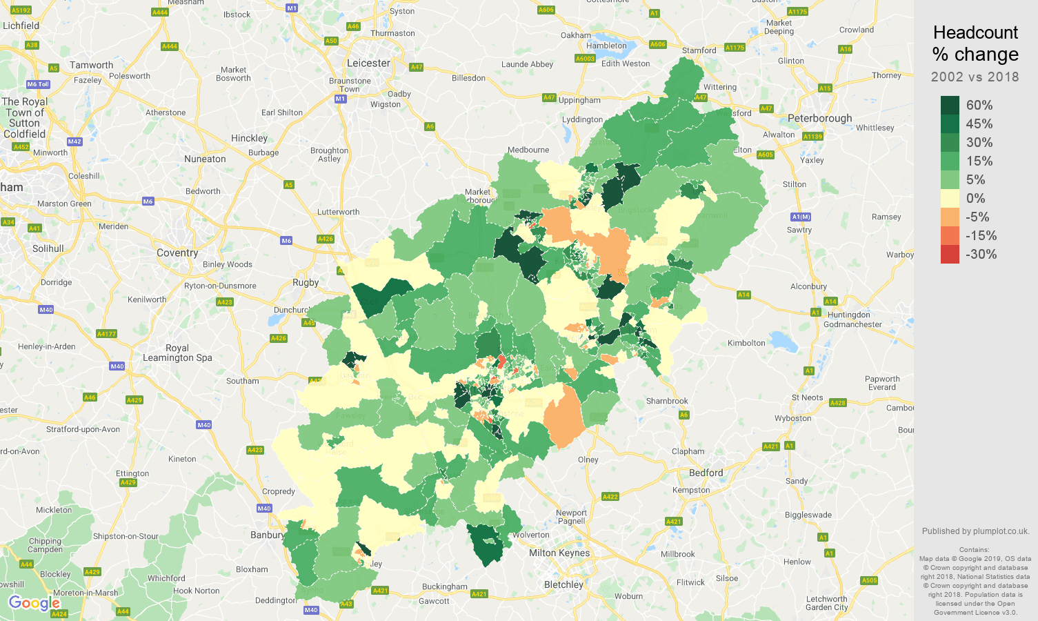 Northamptonshire headcount change map