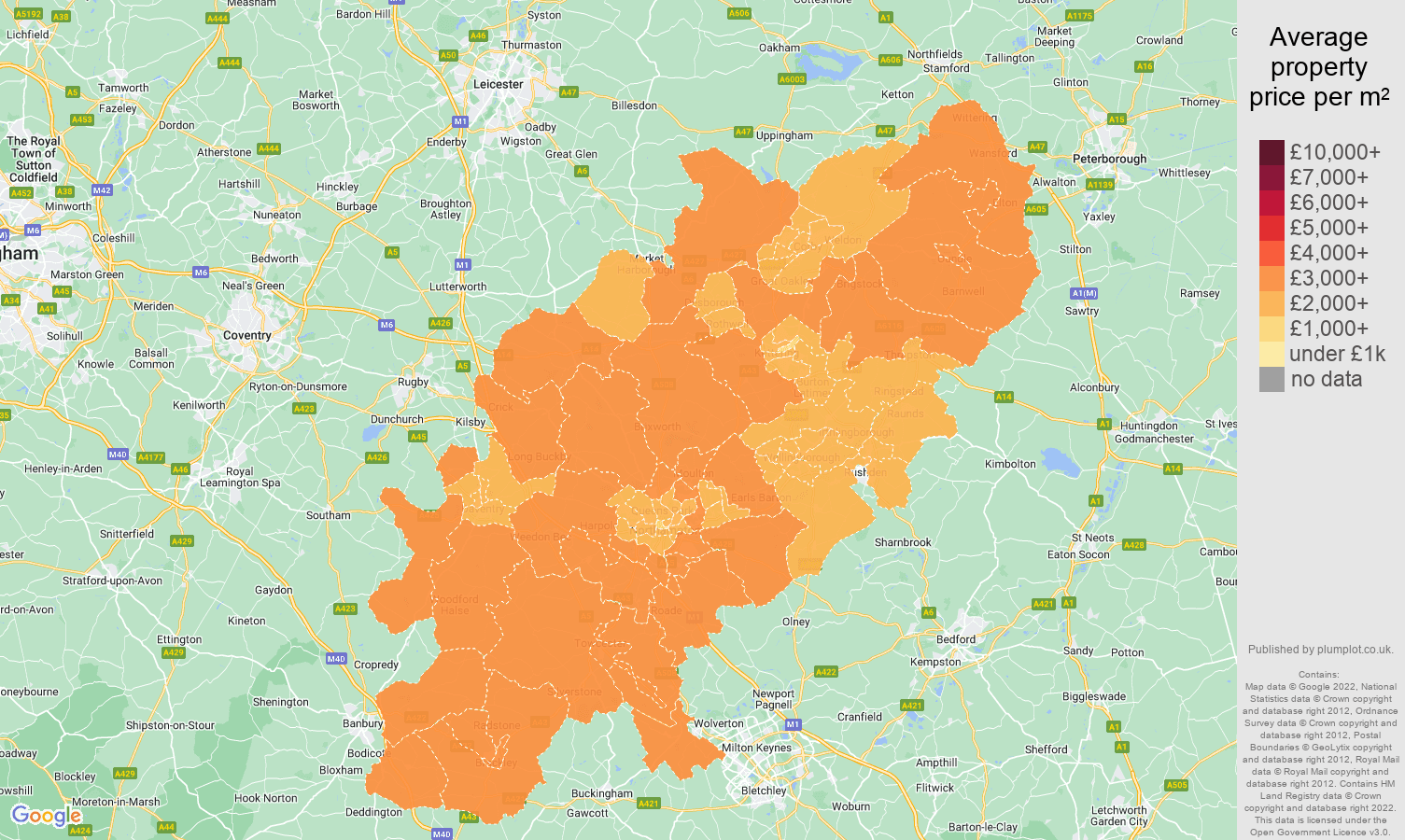 Northamptonshire house prices per square metre map