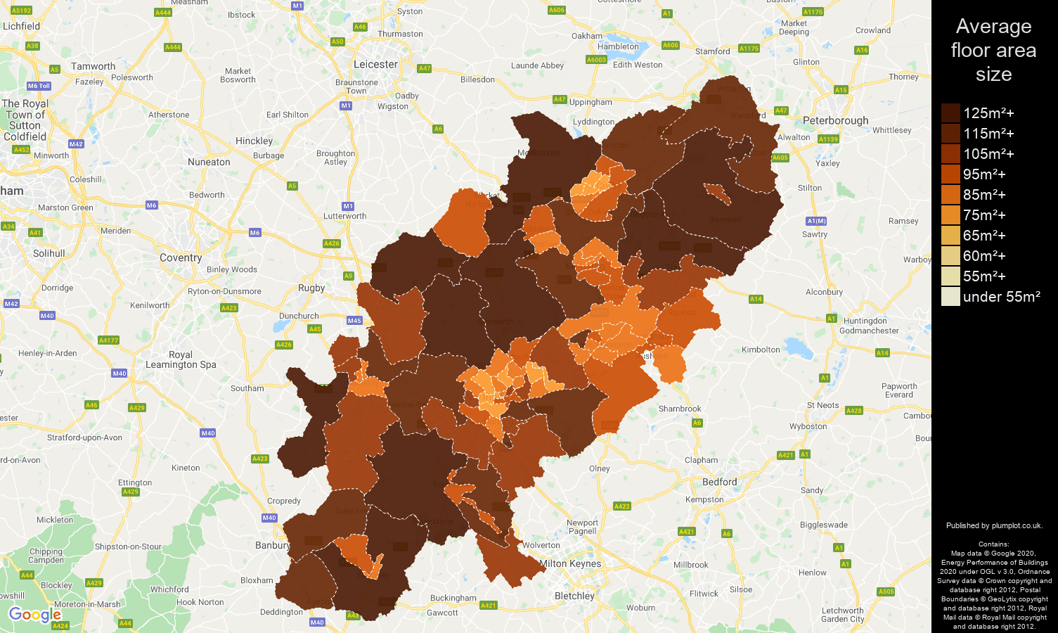 Northamptonshire map of average floor area size of houses
