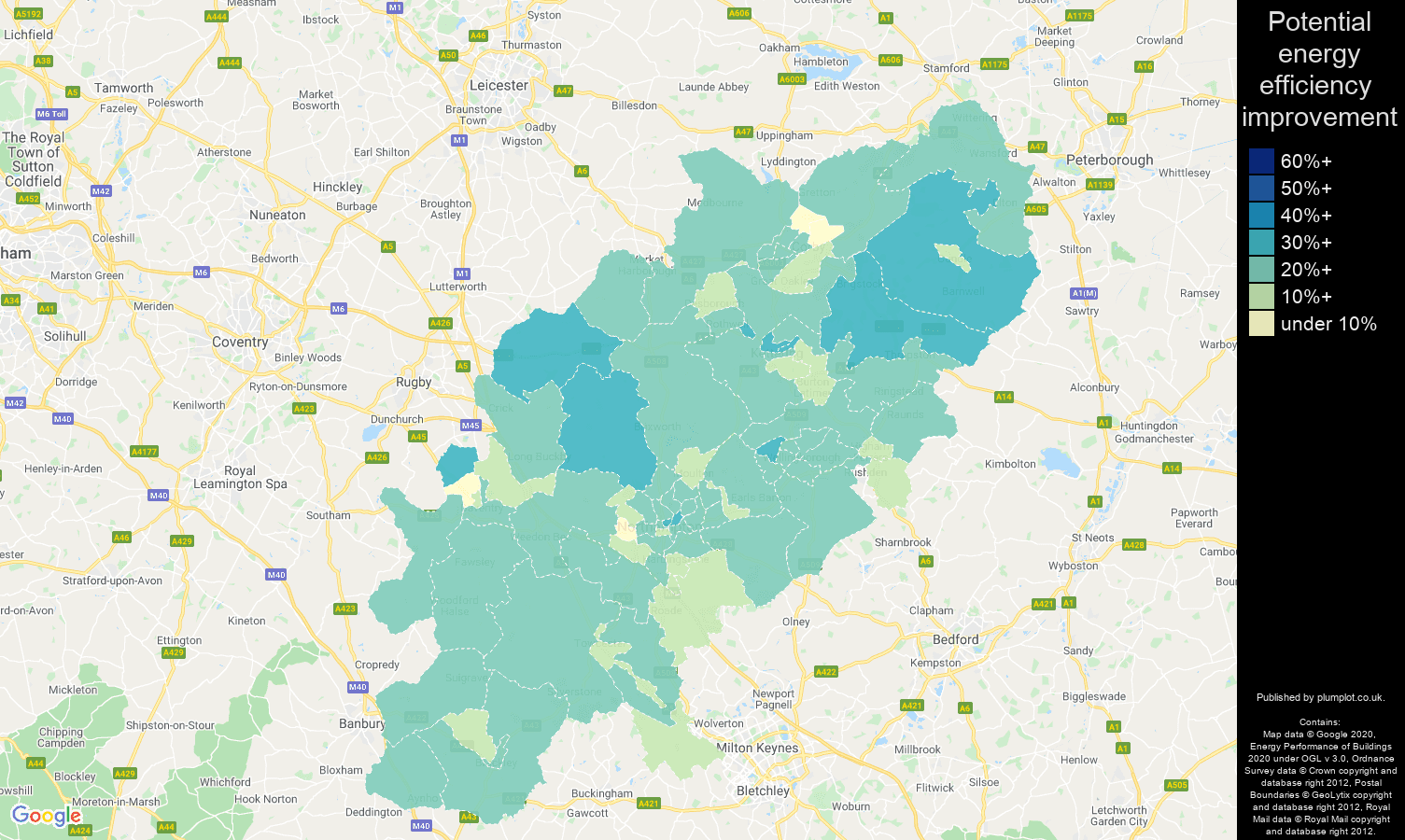 Northamptonshire map of potential energy efficiency improvement of houses