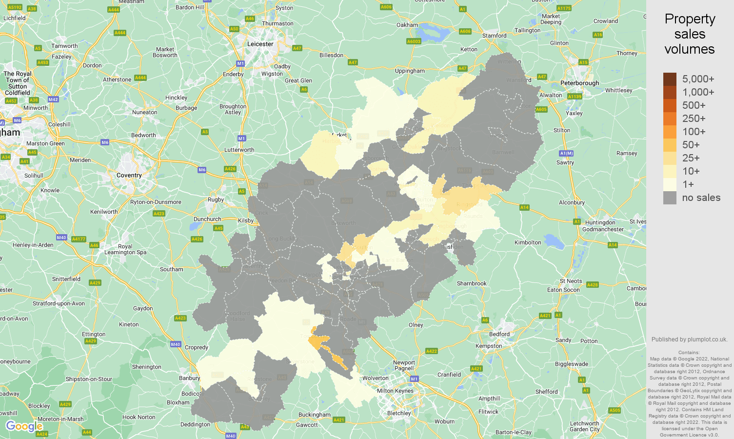 Northamptonshire map of sales of new properties