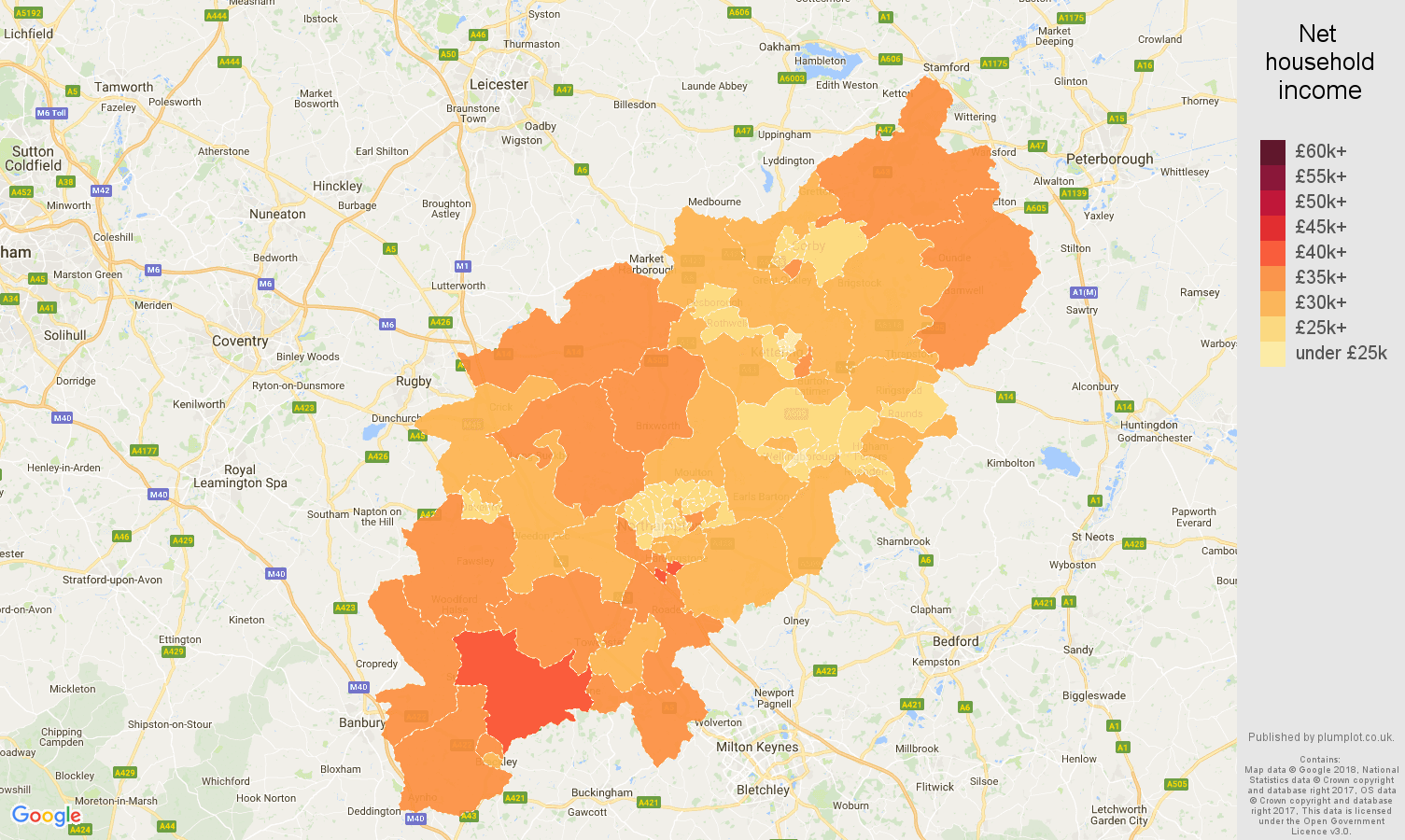 Northamptonshire net household income map