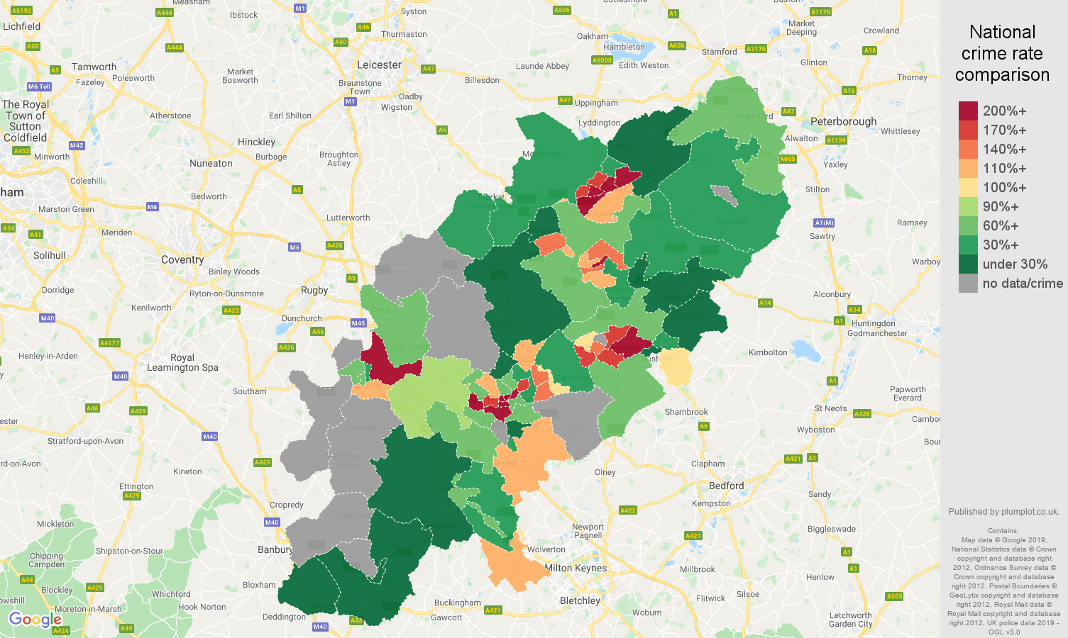 Northamptonshire possession of weapons crime rate comparison map