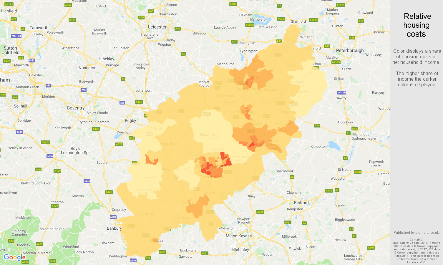 Northamptonshire relative housing costs map
