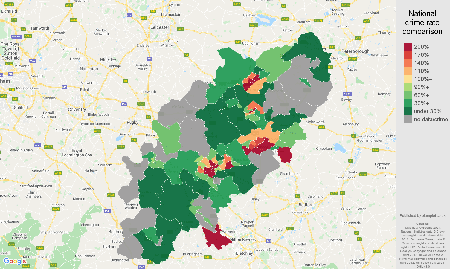 Northamptonshire robbery crime rate comparison map