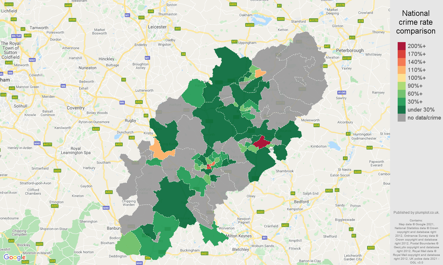 Northamptonshire theft from the person crime rate comparison map