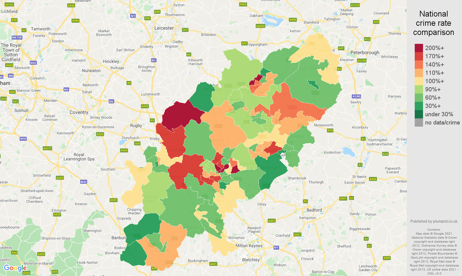 Northamptonshire vehicle crime rate comparison map
