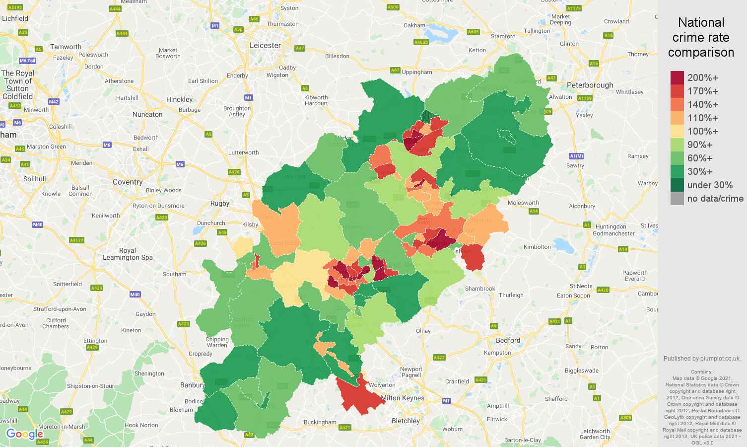 Northamptonshire violent crime rate comparison map