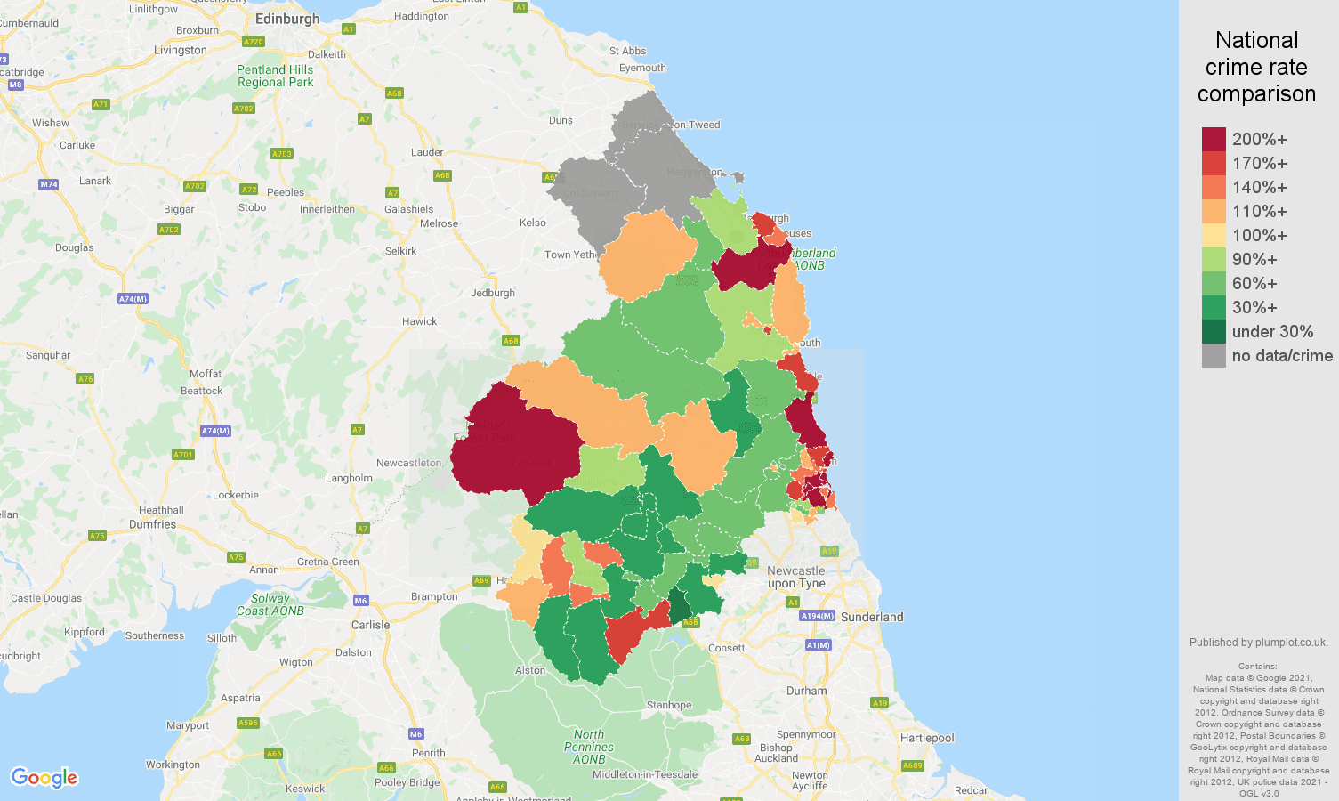 Northumberland antisocial behaviour crime rate comparison map