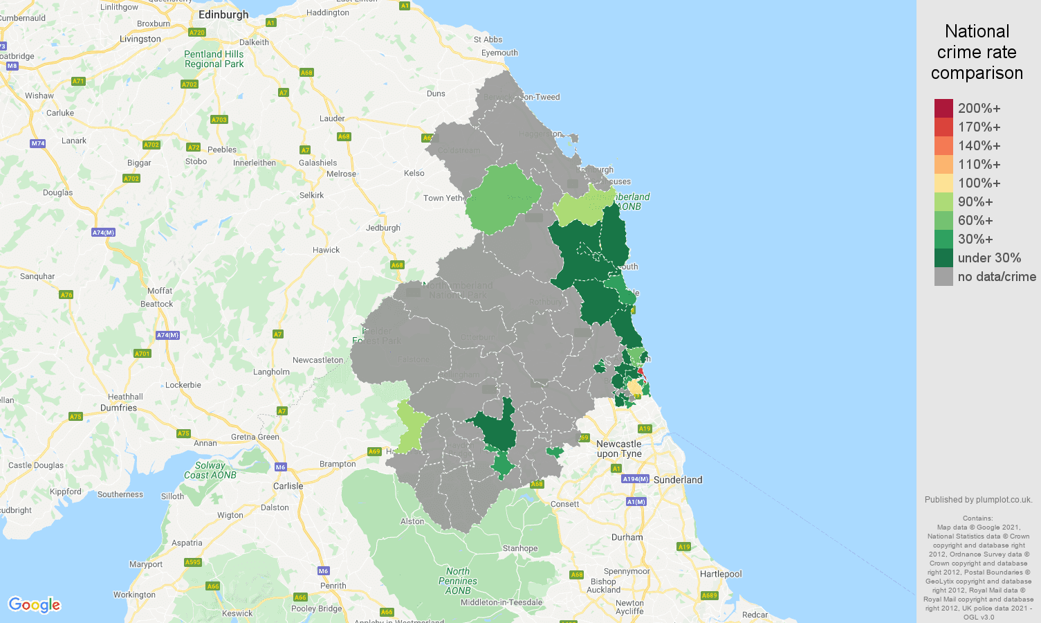 Northumberland bicycle theft crime rate comparison map