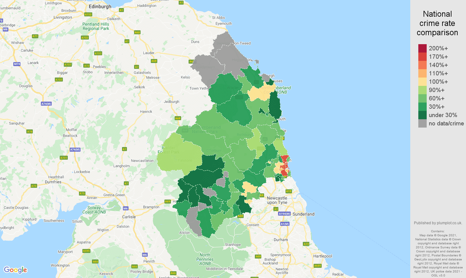 Northumberland burglary crime rate comparison map