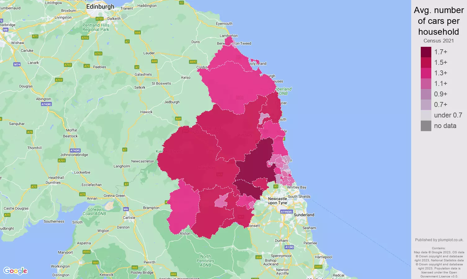 Northumberland cars per household map