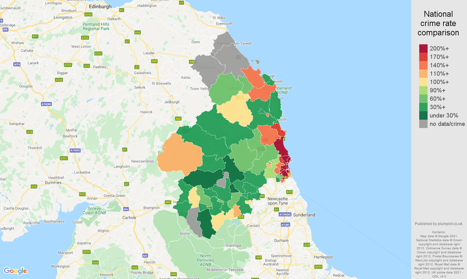 Northumberland criminal damage and arson crime rate comparison map