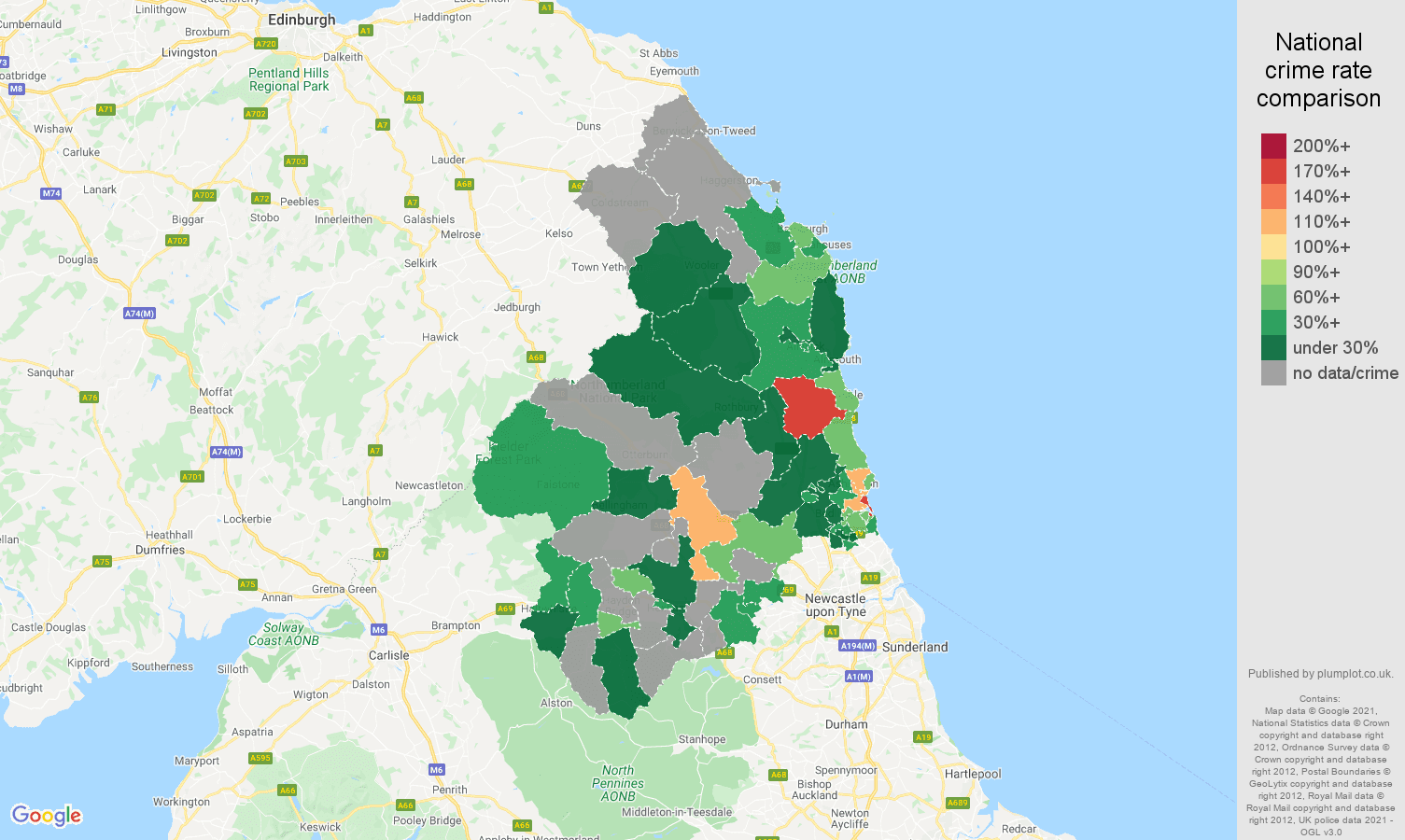 Northumberland drugs crime rate comparison map