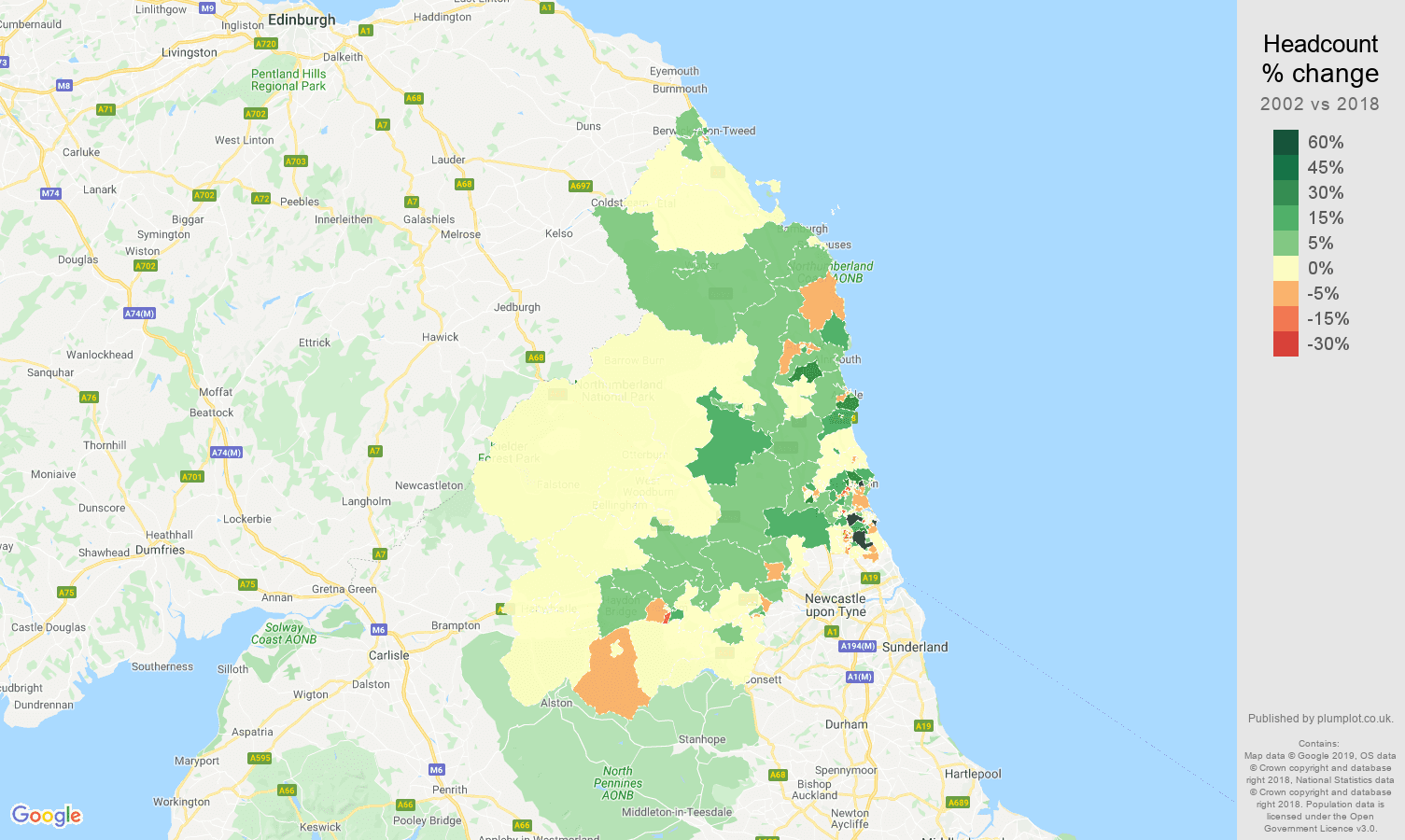 Northumberland headcount change map