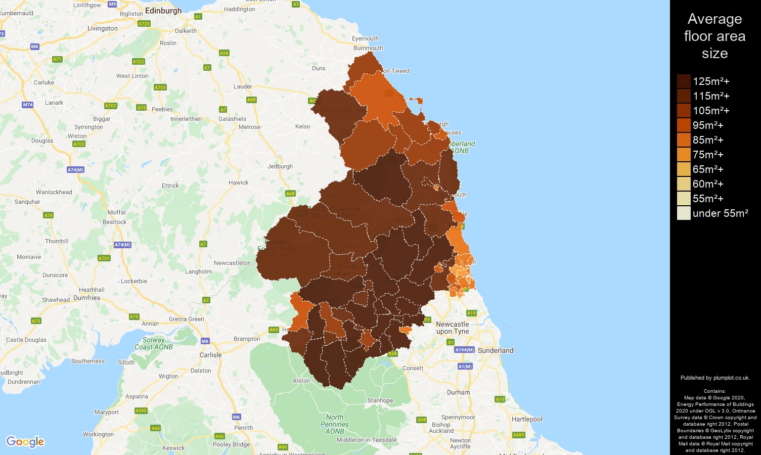 Northumberland map of average floor area size of houses