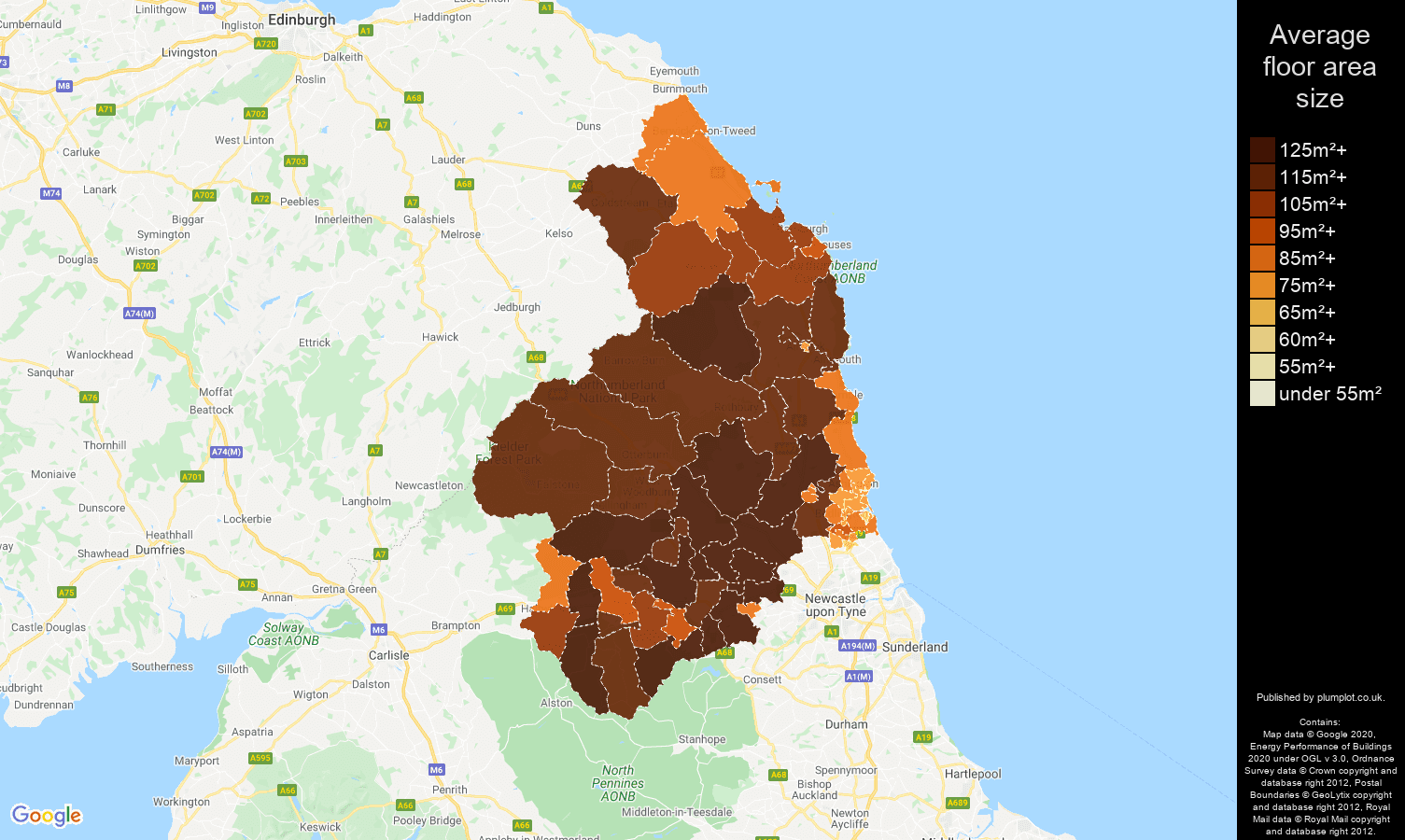 Northumberland map of average floor area size of properties