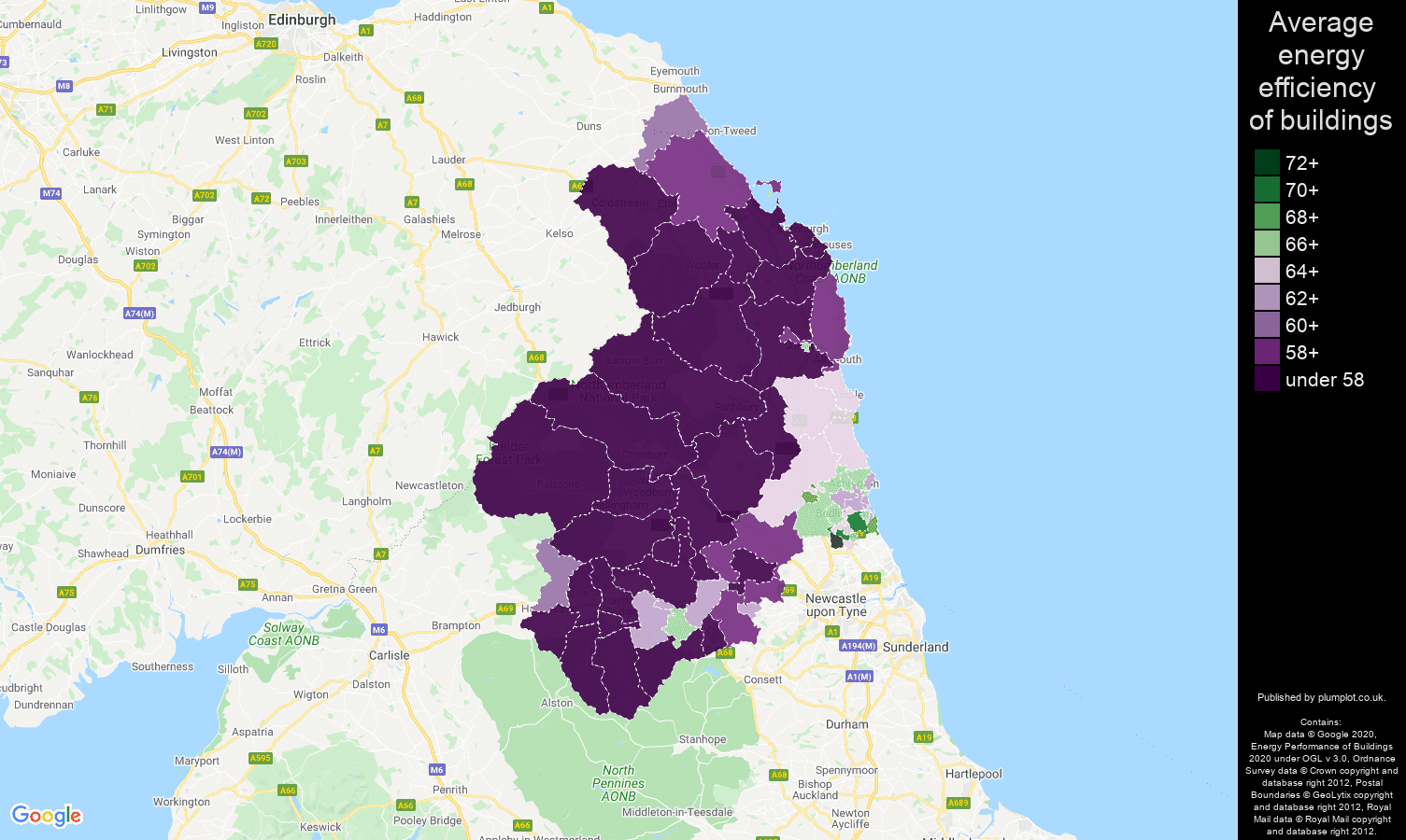 Northumberland map of energy efficiency of properties