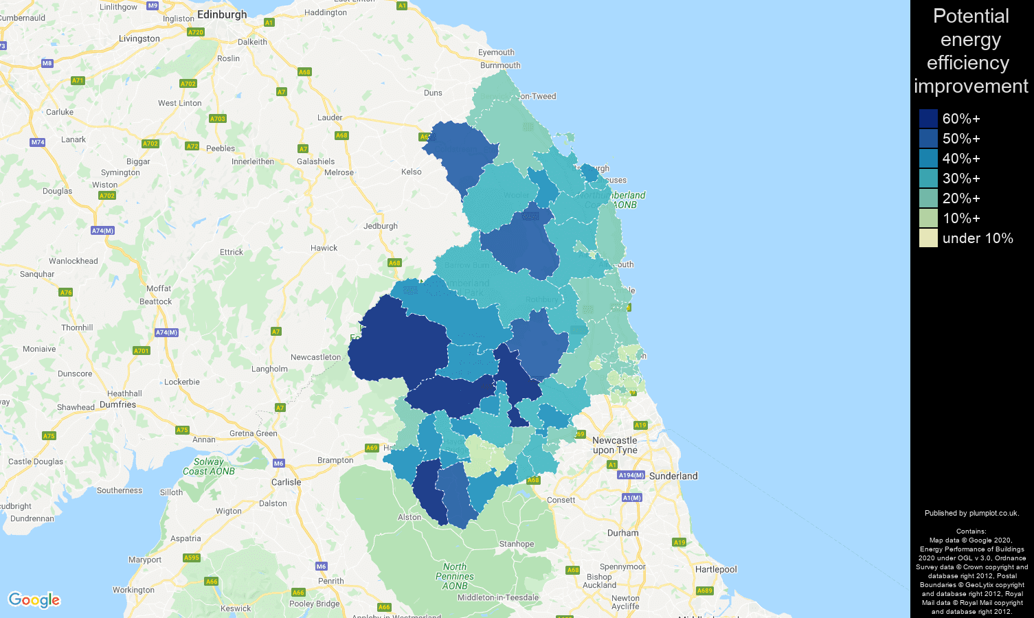 Northumberland map of potential energy efficiency improvement of properties