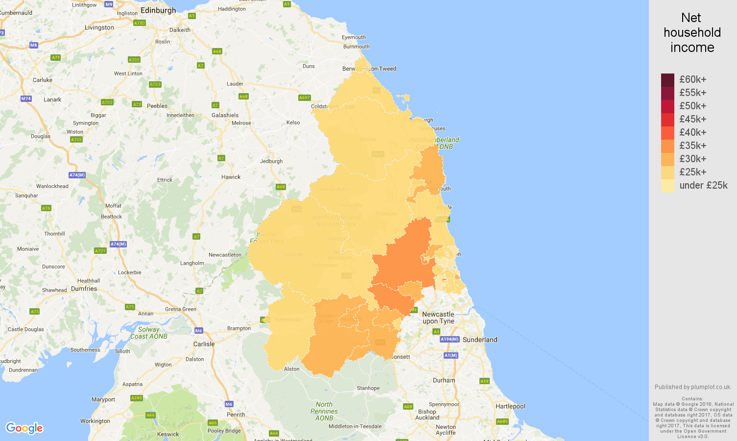 Northumberland net household income map
