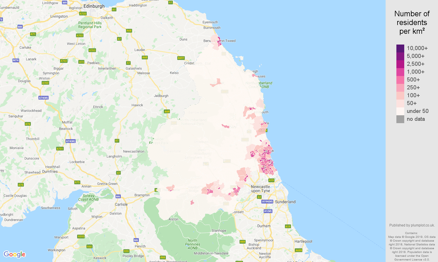 Northumberland population density map