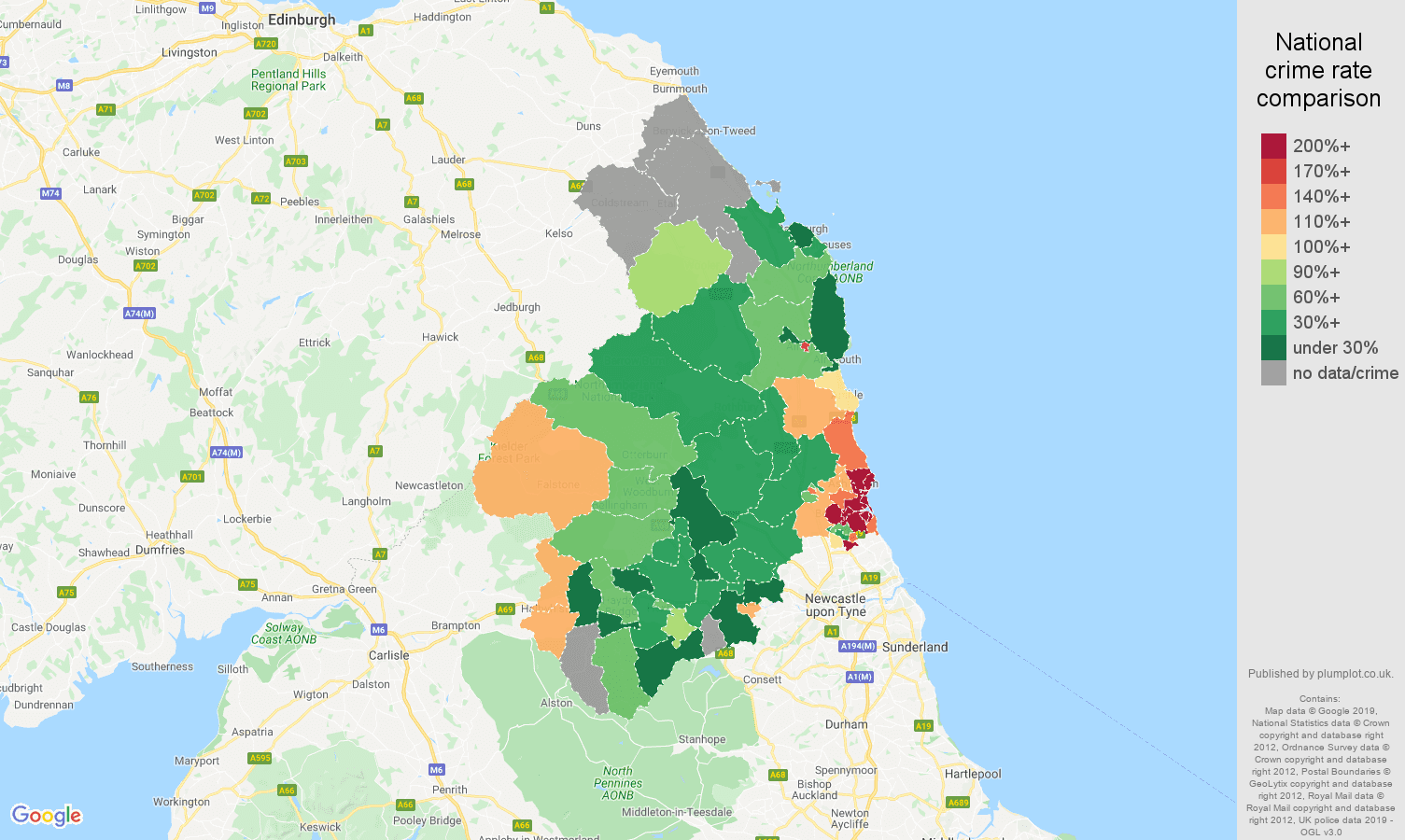 Northumberland public order crime rate comparison map