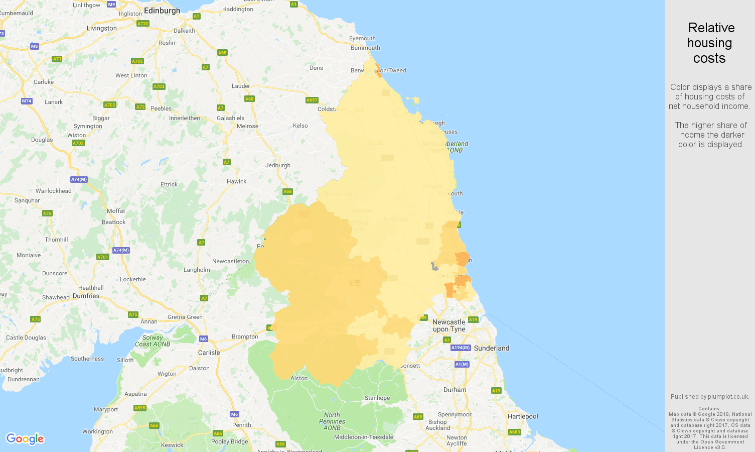 Northumberland relative housing costs map