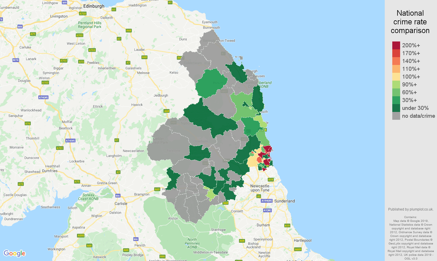 Northumberland shoplifting crime rate comparison map