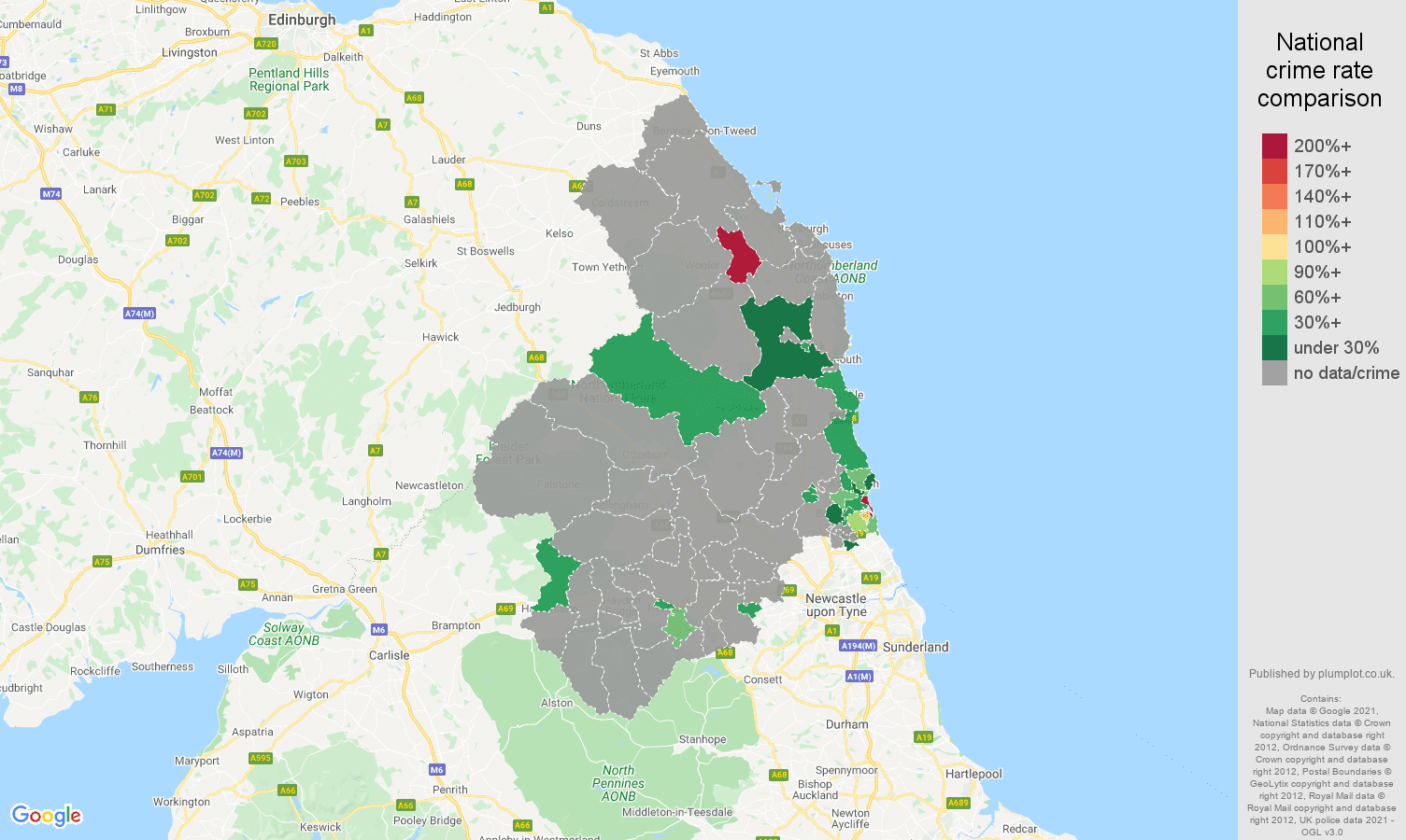 Northumberland theft from the person crime rate comparison map