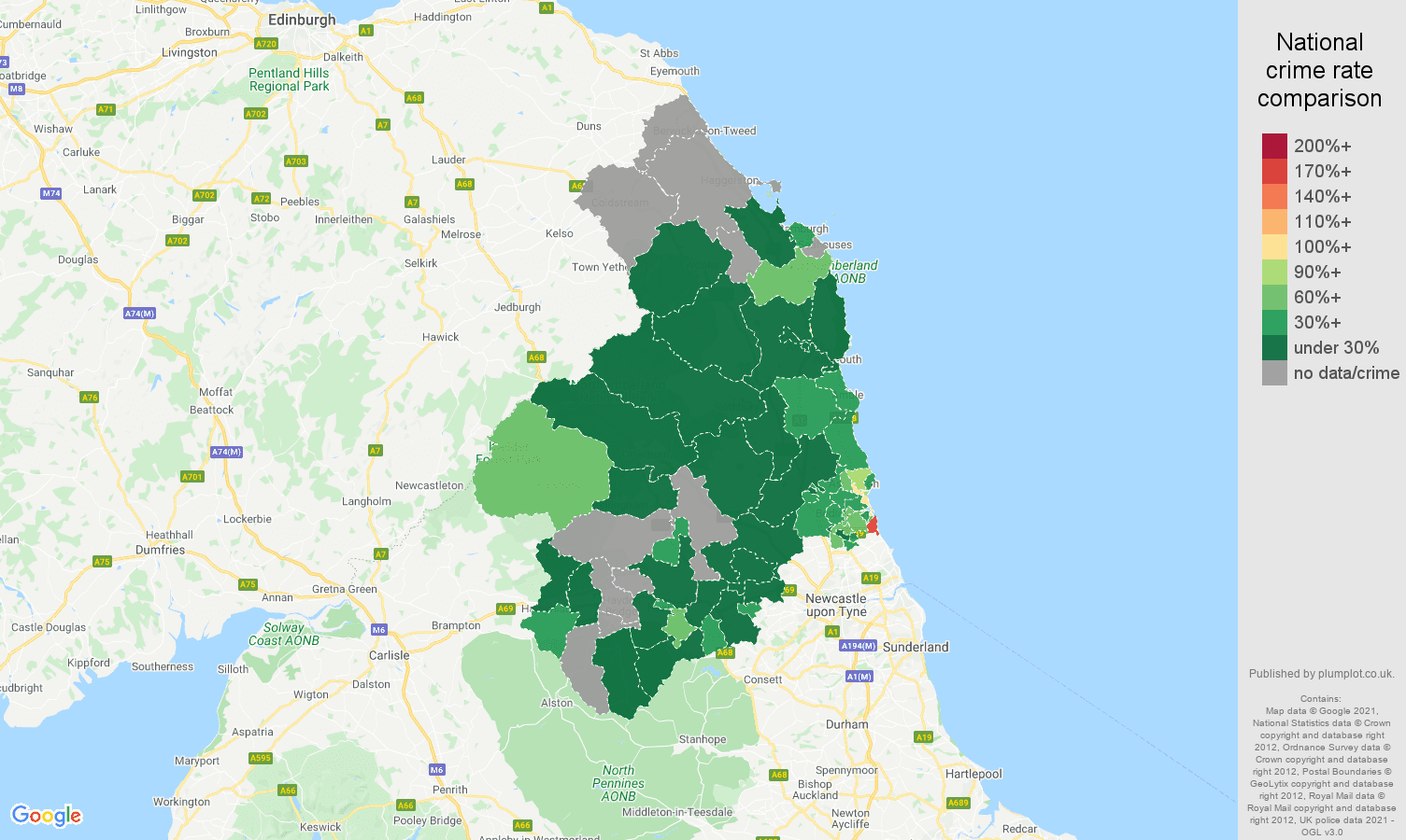Northumberland vehicle crime rate comparison map
