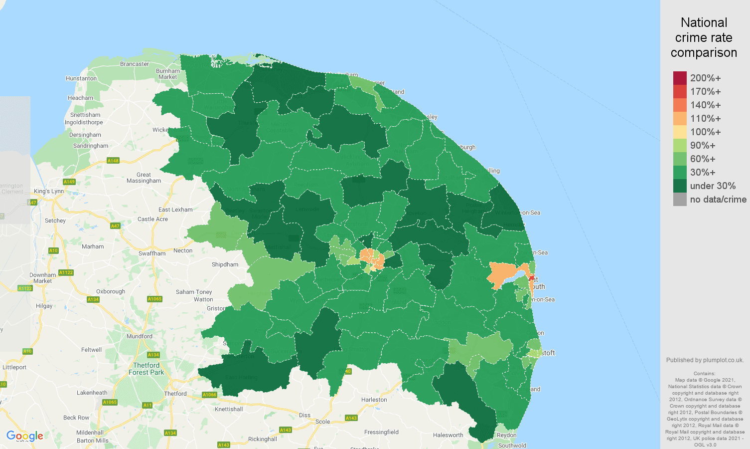 Norwich antisocial behaviour crime rate comparison map