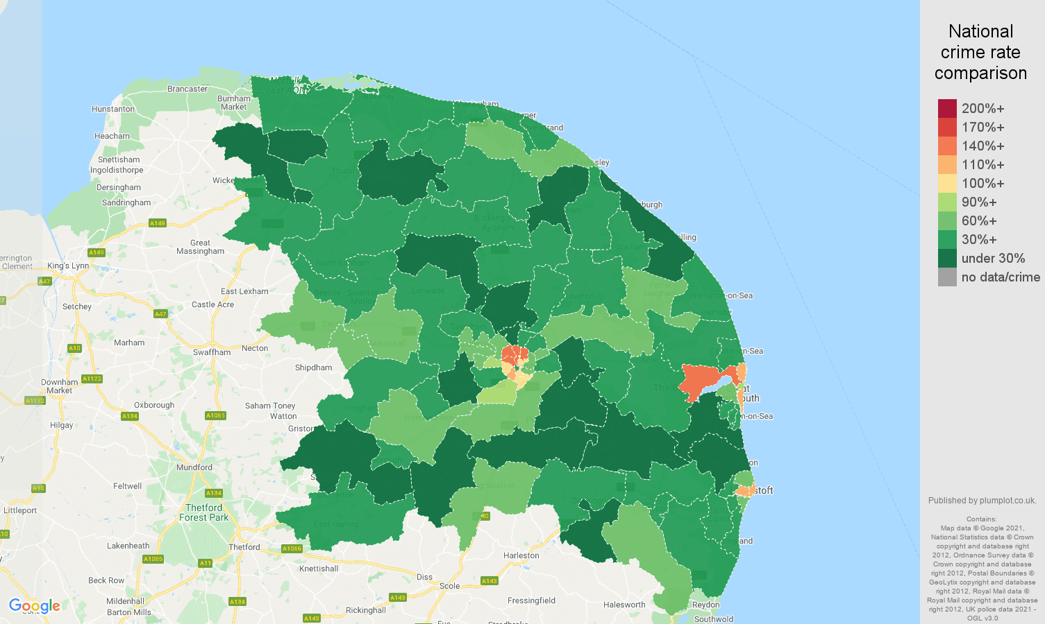 Norwich burglary crime rate comparison map