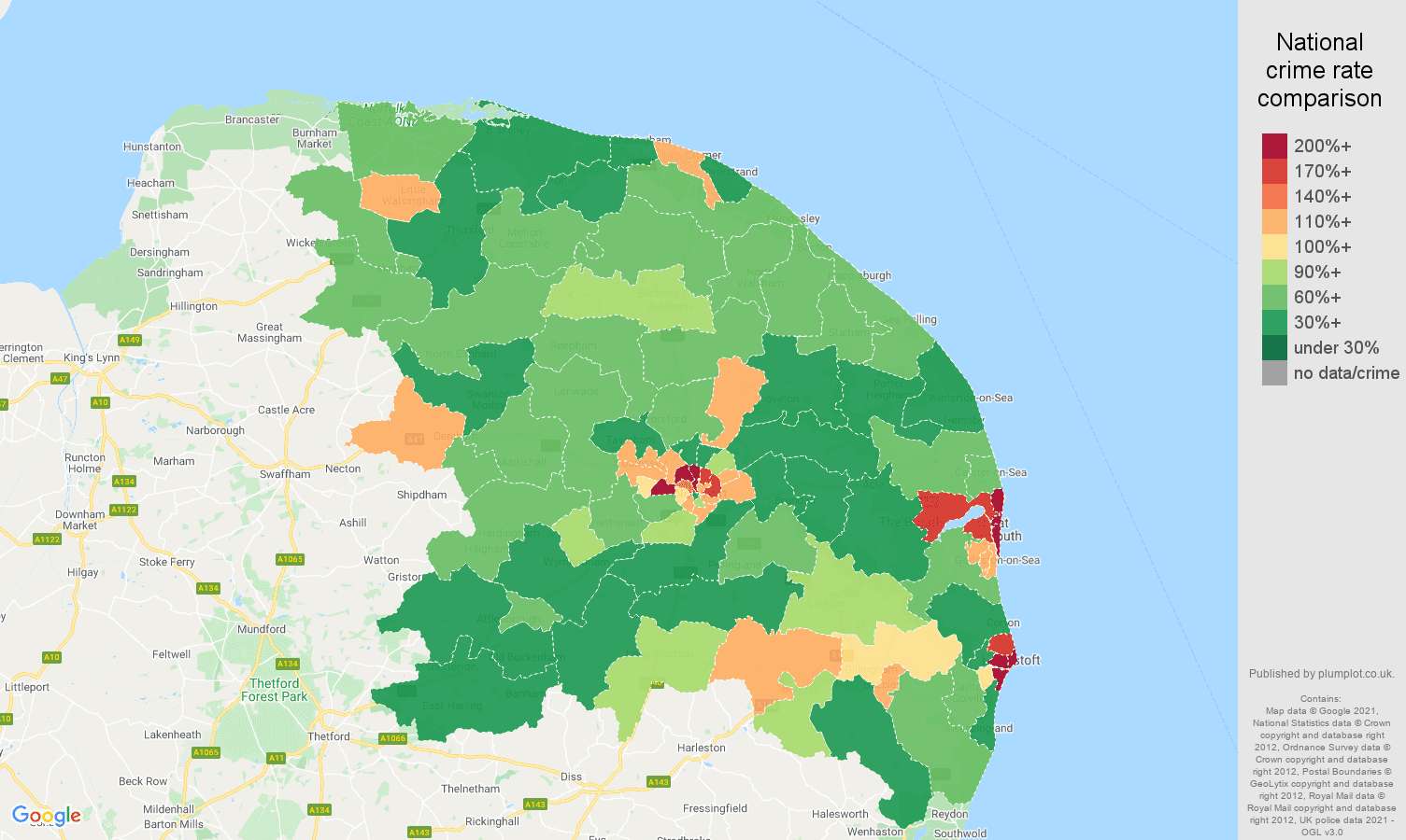 Norwich criminal damage and arson crime rate comparison map