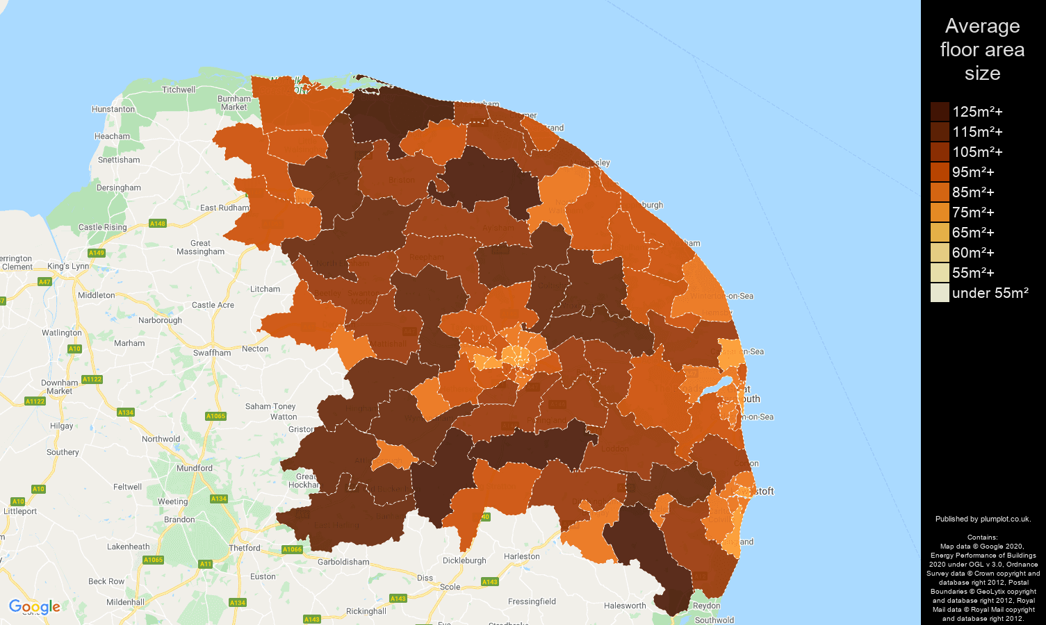 Norwich map of average floor area size of houses
