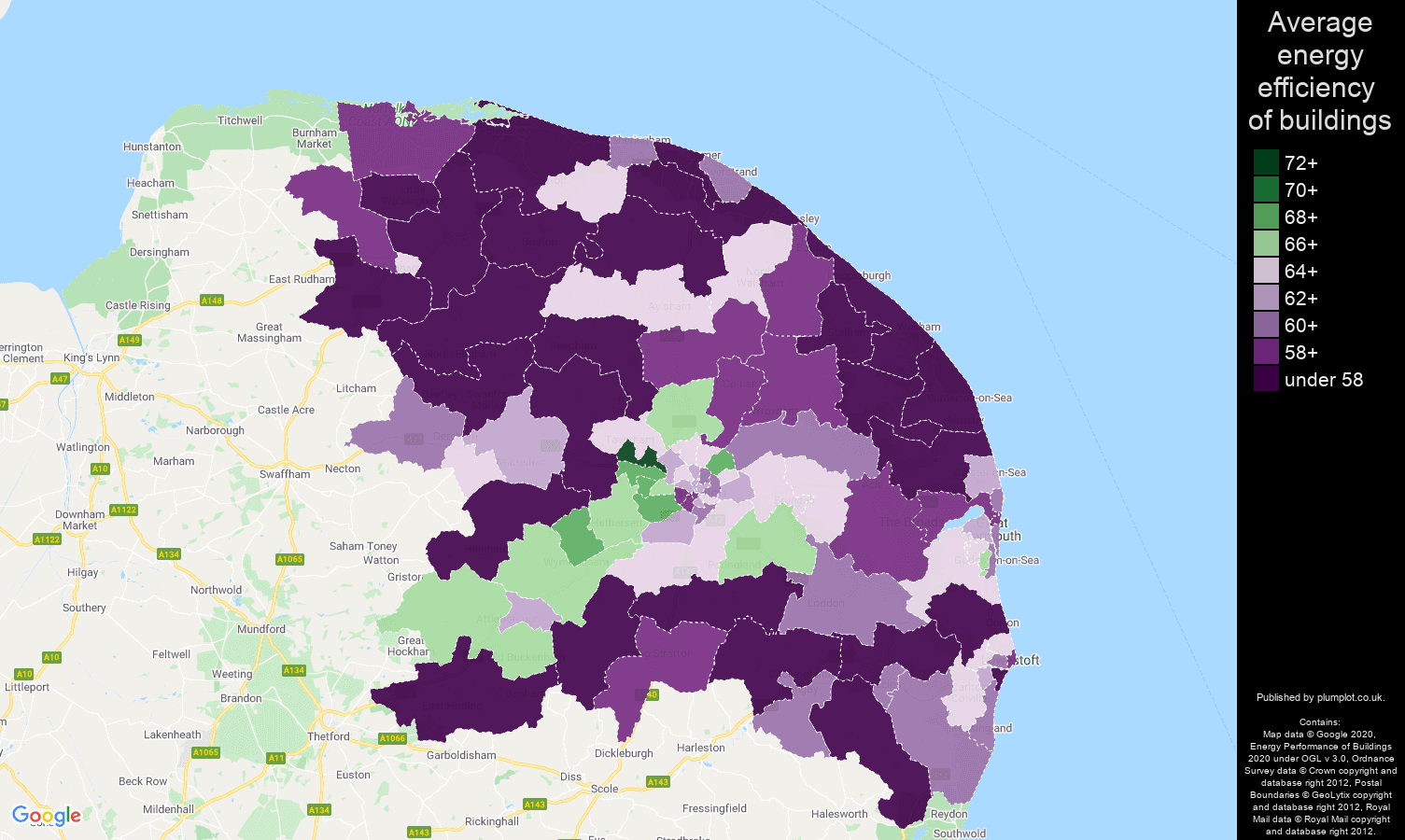 Norwich map of energy efficiency of houses