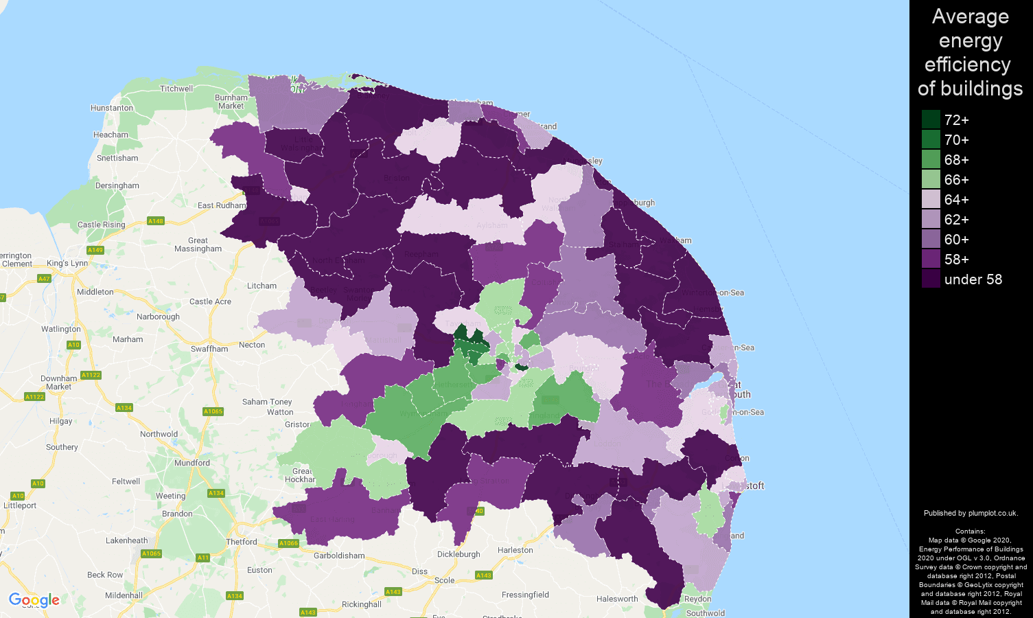 Norwich map of energy efficiency of properties