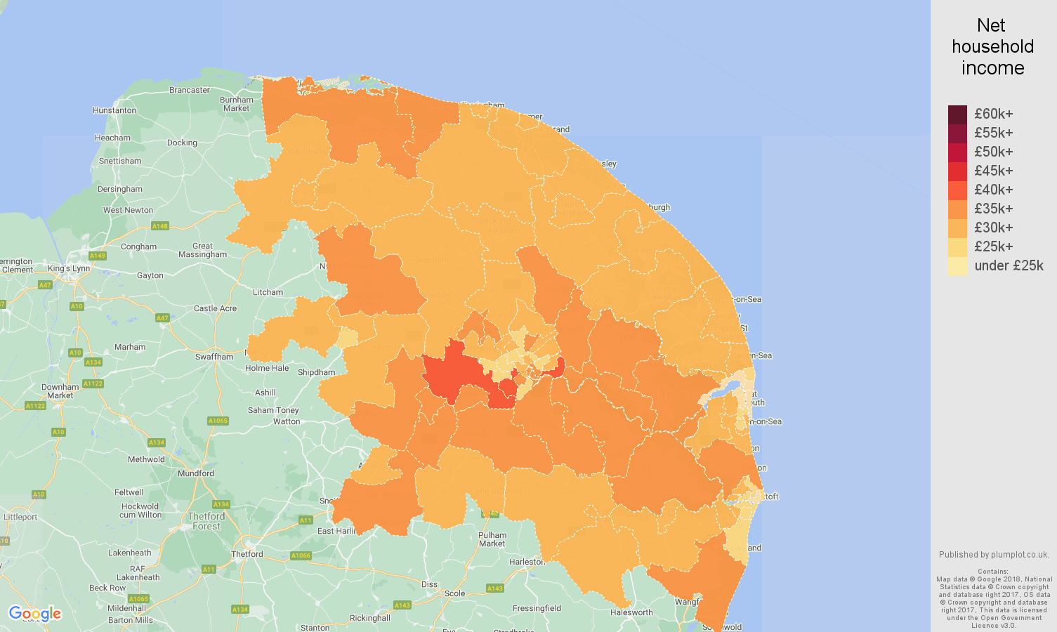Norwich net household income map