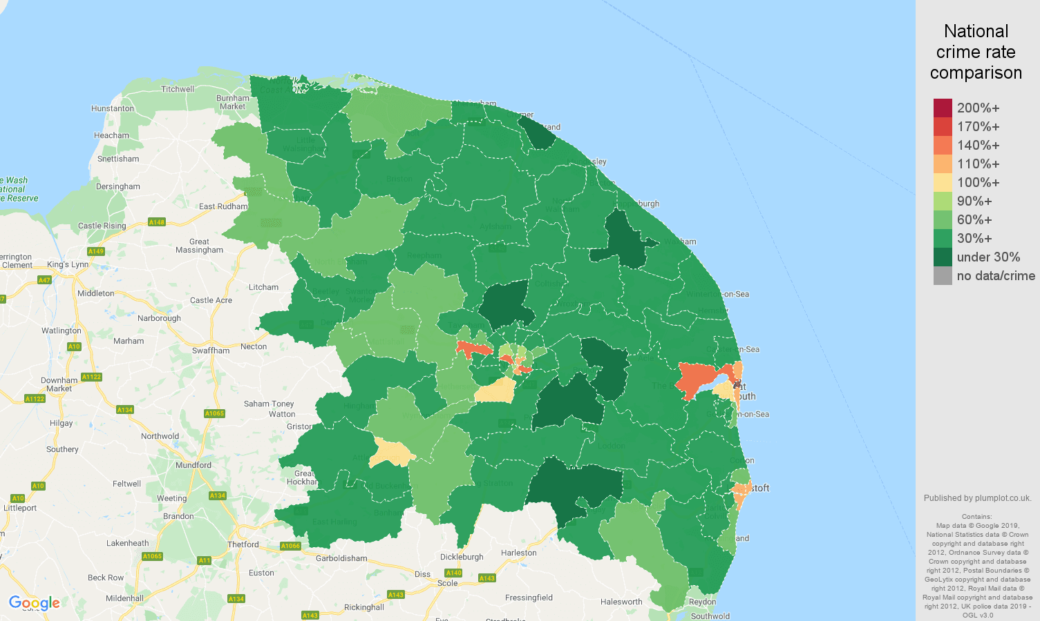Norwich other theft crime rate comparison map