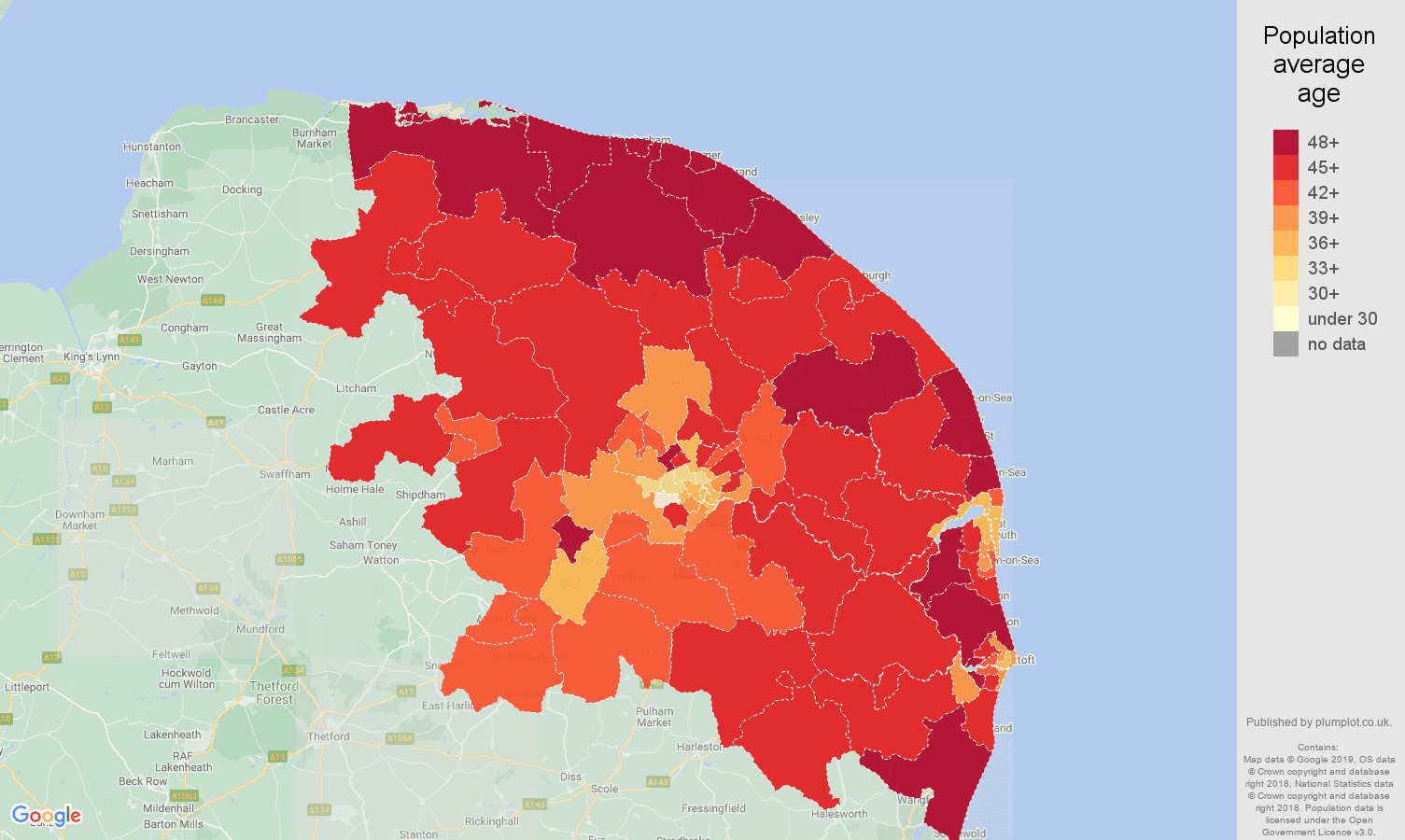 Norwich population average age map