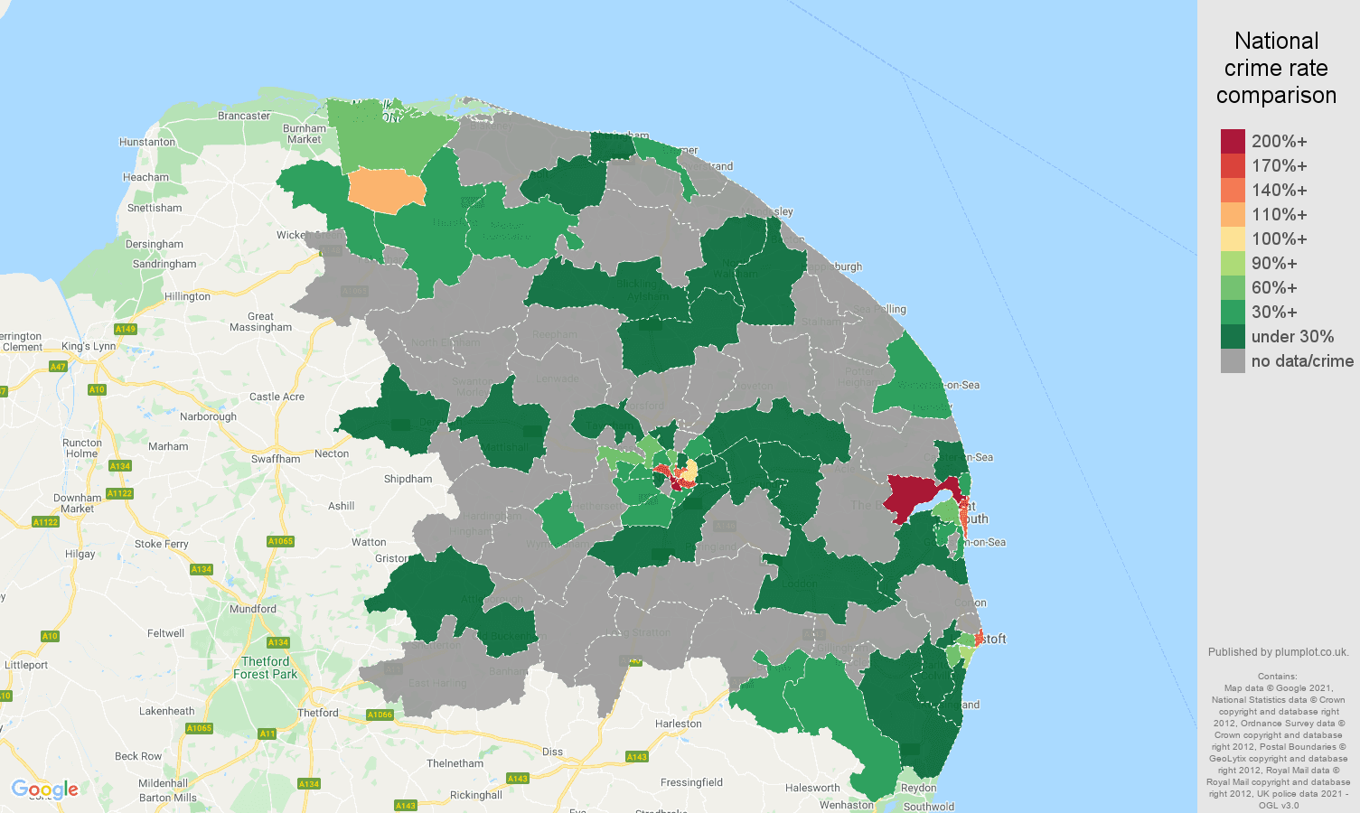 Norwich theft from the person crime rate comparison map