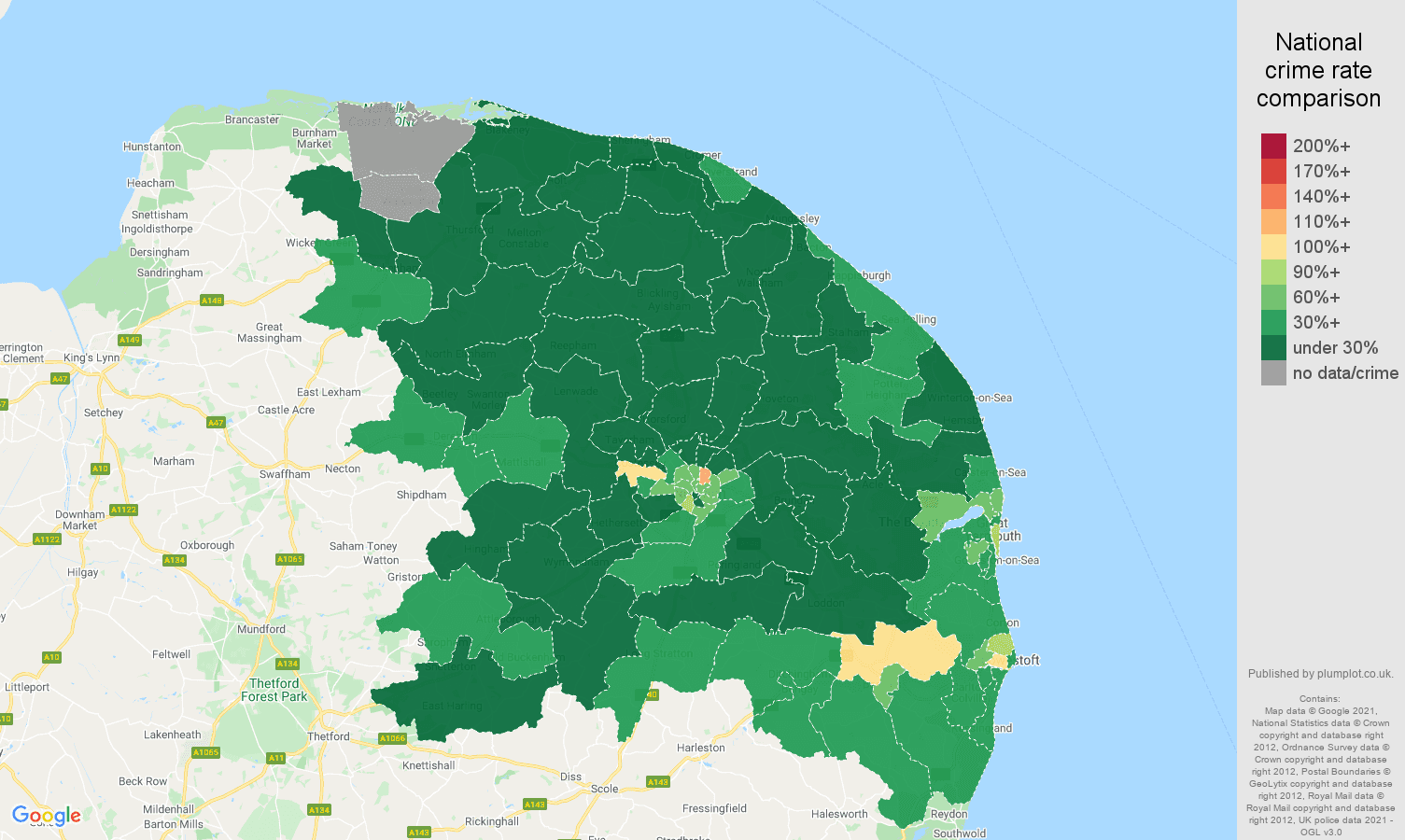 Norwich vehicle crime rate comparison map
