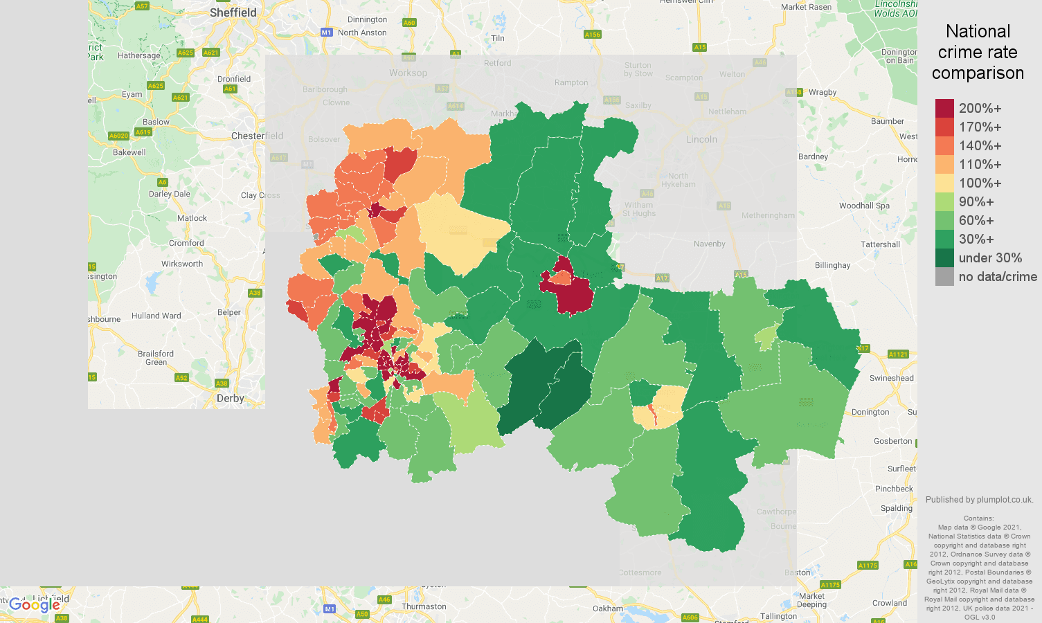 Nottingham antisocial behaviour crime rate comparison map