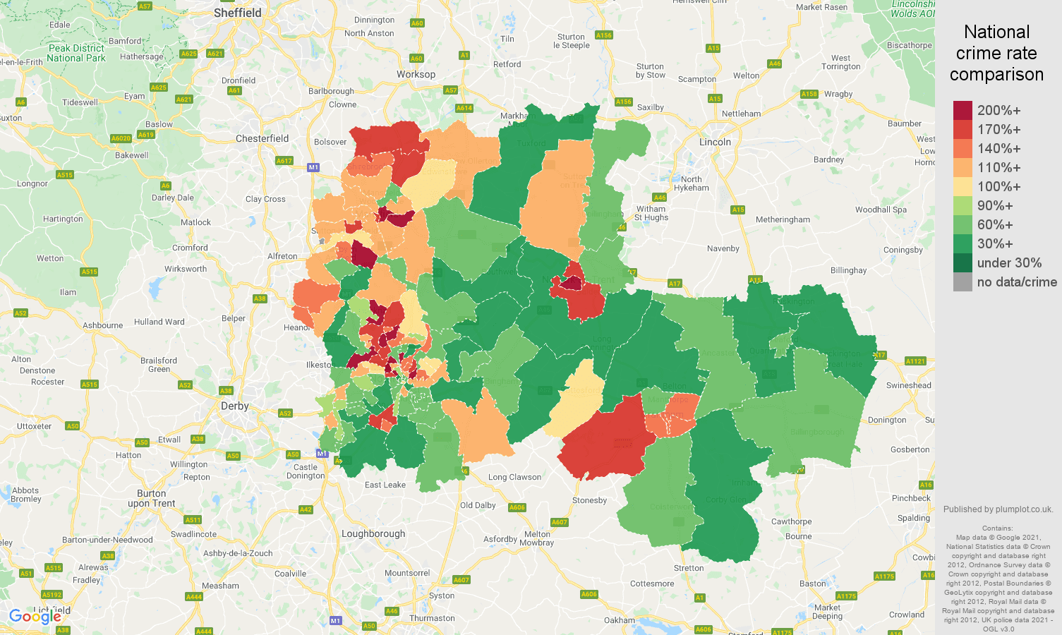 Nottingham criminal damage and arson crime rate comparison map