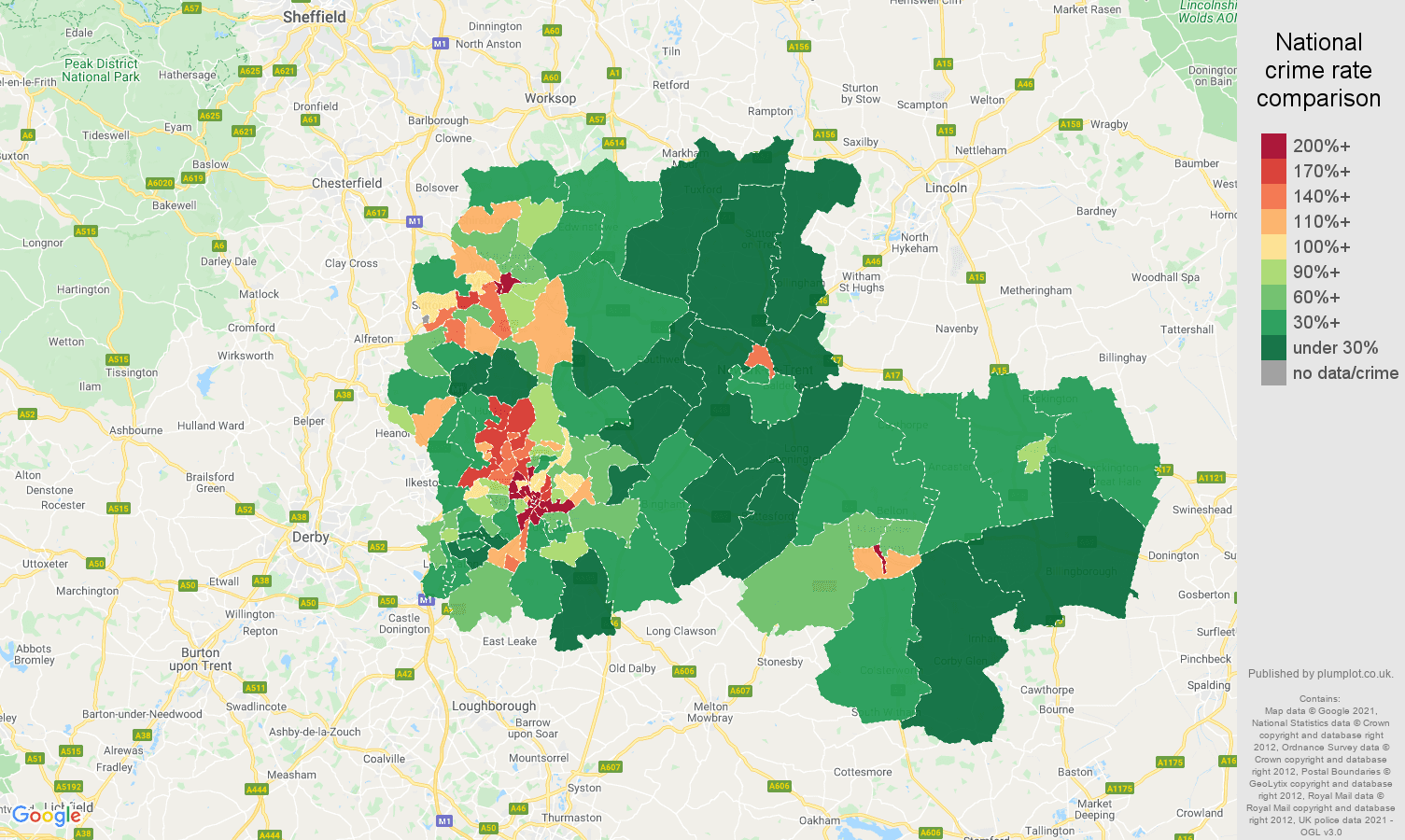 Nottingham drugs crime rate comparison map