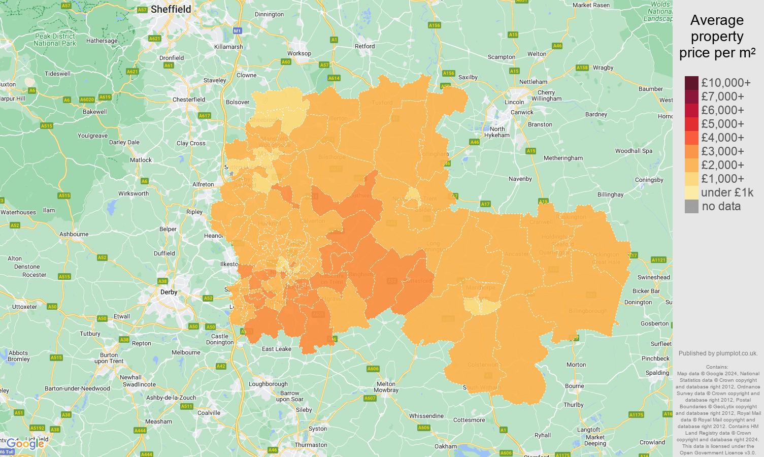 Nottingham house prices per square metre map