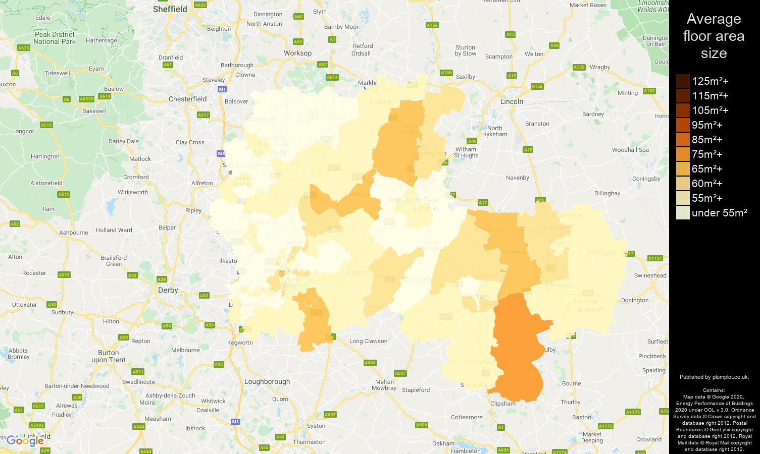 Nottingham map of average floor area size of flats