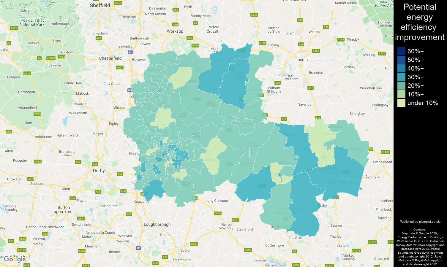 Nottingham map of potential energy efficiency improvement of houses